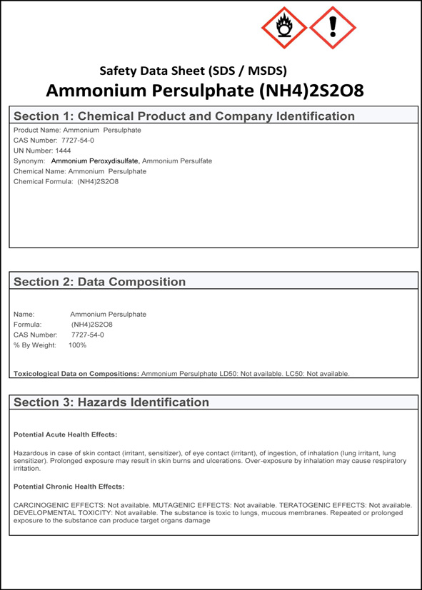 material safety data sheet msds ammonium persulphate uk supplier chemical safety data sheet